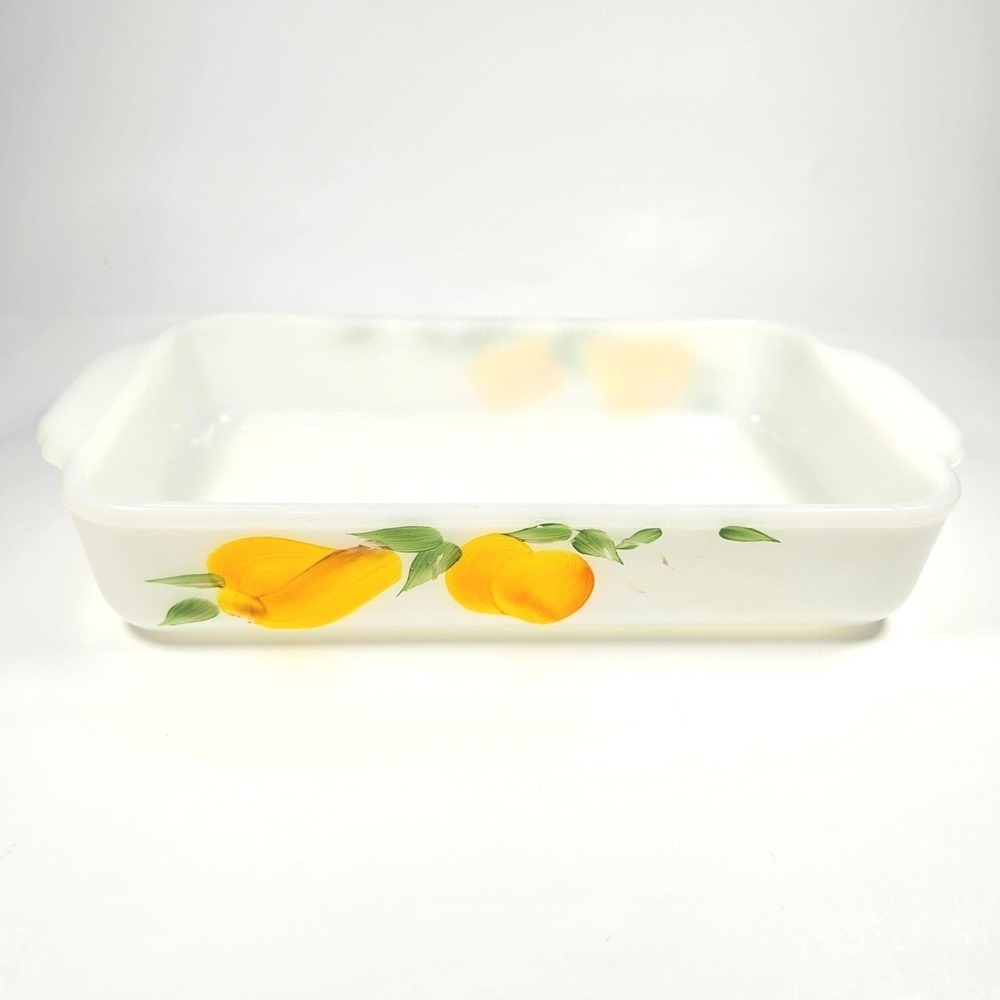 Vintage Fire-King Milk Glass Peach Fruit Baking Dish 1.5 QT Rectangular 18 USA